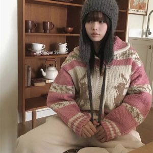 Nordic Retro Thick Knitted Sweater Coat in Cream - Winter Warm Deer Design, Low-Saturation Aesthetic, Cozy Fashion Essential