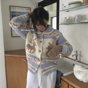 Nordic Retro Thick Knitted Sweater Coat in Cream - Winter Warm Deer Design, Low-Saturation Aesthetic, Cozy Fashion Essential