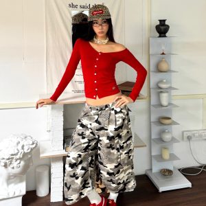 Off-Shoulder Button Long Sleeve Knit Top - Slim Fit, Thin & Breathable Summer Shirt in American Style