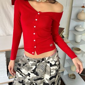 Off-Shoulder Button Long Sleeve Knit Top - Slim Fit, Thin & Breathable Summer Shirt in American Style