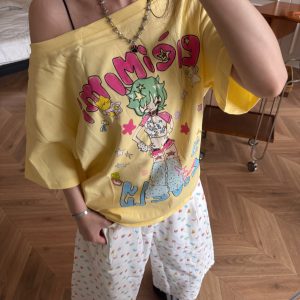 Off-Shoulder Cartoon Print Short Sleeve Women's Loose Casual Summer T-Shirt - Retro Street Style Inspired by 90s American Fashion
