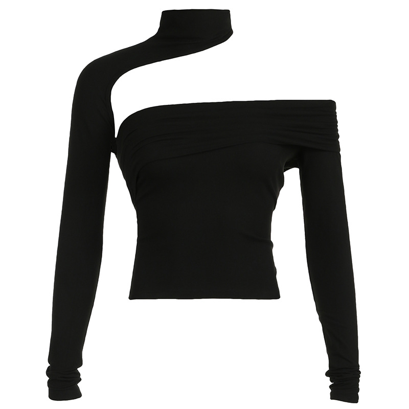 Off-Shoulder Hollow Out Halter Long Sleeve T-Shirt for Women - Solid Color Irregular Fashion Top for Autumn Street Style