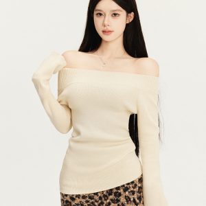 Off-Shoulder Knitted Sweater for Women, Slim Fit, Soft Milk Skin Texture, Autumn Winter Fashion, Cozy Layering Essential