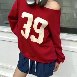 Off-Shoulder Long Sleeve Sweatshirt - Spicy Girl Street Style, Casual Loose Fit Top for Autumn, Trendy American Fashion