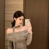 Off-Shoulder One-Shoulder Gray Velvet Long Sleeve Top - Retro Autumn Winter Fashion Base Layer for 90s Y2K Style