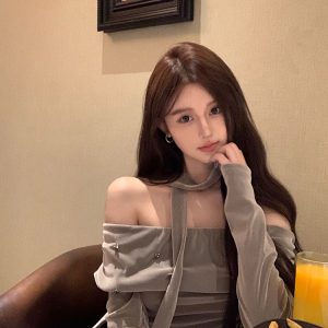 Off-Shoulder One-Shoulder Gray Velvet Long Sleeve Top - Retro Autumn Winter Fashion Base Layer for 90s Y2K Style