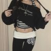 Off-Shoulder Pink and Black Embroidered Short Crop Top Sweatshirt for Women - 2024 Autumn/Winter Fashion Trend