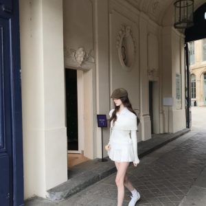 Off-Shoulder Spliced Faux Two-Piece Knit Top and Skirt Set - Korean Style Fashion for Chic Outfits