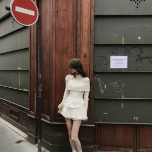 Off-Shoulder Spliced Faux Two-Piece Knit Top and Skirt Set - Korean Style Fashion for Chic Outfits