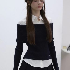 Off-Shoulder Spliced Two-Piece Wool Knit Dress Pants Set - Stylish Sweater Look for Y2K and 90s Fashion Enthusiasts
