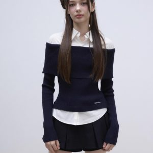Off-Shoulder Spliced Two-Piece Wool Knit Dress Pants Set - Stylish Sweater Look for Y2K and 90s Fashion Enthusiasts