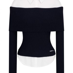 Off-Shoulder Spliced Two-Piece Wool Knit Dress Pants Set - Stylish Sweater Look for Y2K and 90s Fashion Enthusiasts