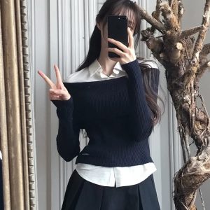 Off-Shoulder Spliced Two-Piece Wool Knit Dress Pants Set - Stylish Sweater Look for Y2K and 90s Fashion Enthusiasts