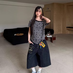 Off-Shoulder Striped Star Print T-Shirt for Women - Spicy Girl Summer Top in American Style, Perfect for 90s Y2K Vibes
