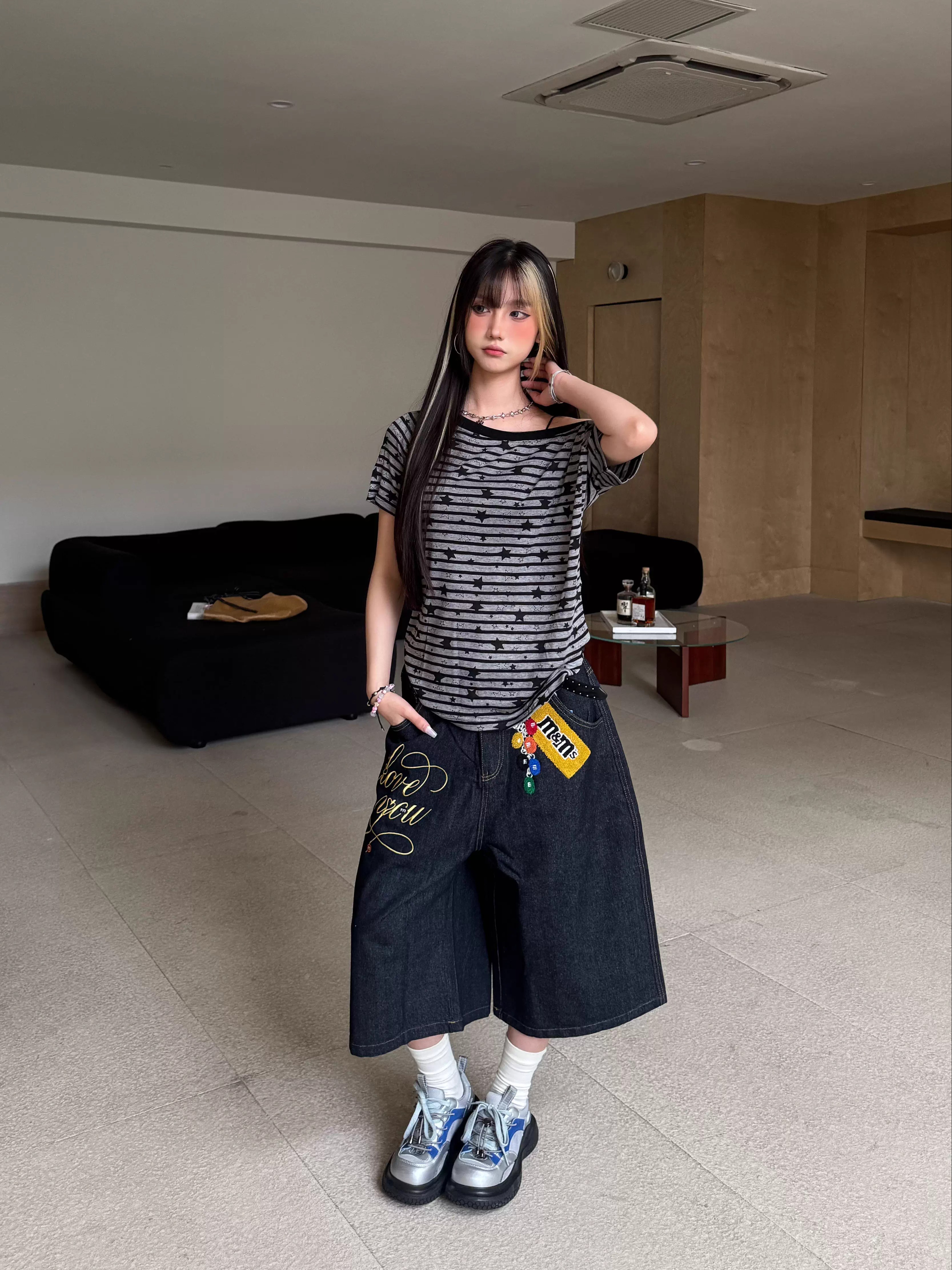 Off-Shoulder Striped Star Print T-Shirt for Women - Spicy Girl Summer Top in American Style, Perfect for 90s Y2K Vibes