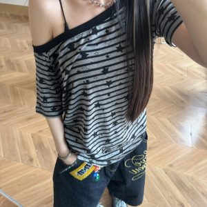Off-Shoulder Striped Star Print T-Shirt for Women - Spicy Girl Summer Top in American Style, Perfect for 90s Y2K Vibes