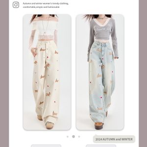 Off-White Embroidered Wide-Leg Jeans for Women, Fleece-Lined Loose-Fitting Straight-Leg Pants, Autumn Winter 2024 Fashion