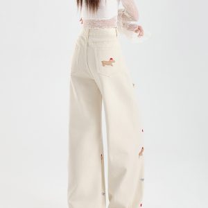 Off-White Embroidered Wide-Leg Jeans for Women, Fleece-Lined Loose-Fitting Straight-Leg Pants, Autumn Winter 2024 Fashion