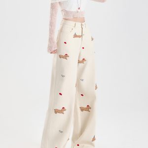 Off-White Embroidered Wide-Leg Jeans for Women, Fleece-Lined Loose-Fitting Straight-Leg Pants, Autumn Winter 2024 Fashion