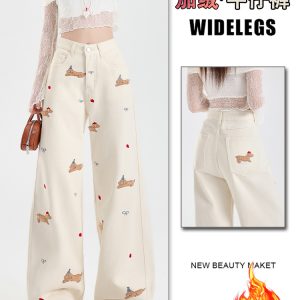 Off-White Embroidered Wide-Leg Jeans for Women, Fleece-Lined Loose-Fitting Straight-Leg Pants, Autumn Winter 2024 Fashion