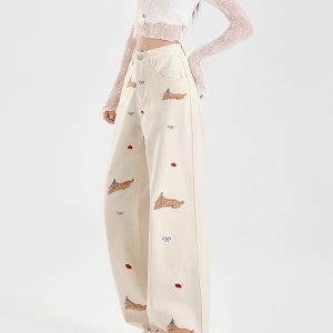 Off-White Embroidered Wide-Leg Jeans for Women, Fleece-Lined Loose-Fitting Straight-Leg Pants, Autumn Winter 2024 Fashion