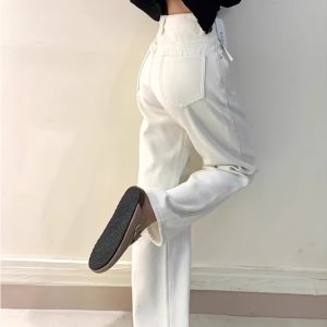 Off-White High-Waisted Fleece Narrow Wide-Leg Jeans for Women - Petite Sizes, 2024 Autumn Winter Straight Pants