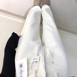 Off-White High-Waisted Fleece Narrow Wide-Leg Jeans for Women - Petite Sizes, 2024 Autumn Winter Straight Pants
