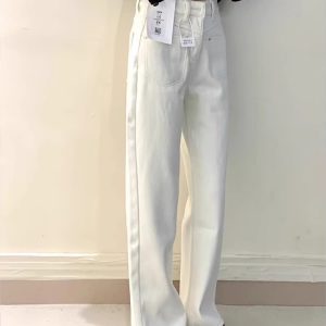 Off-White High-Waisted Fleece Narrow Wide-Leg Jeans for Women - Petite Sizes, 2024 Autumn Winter Straight Pants