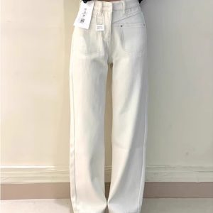 Off-White High-Waisted Fleece Narrow Wide-Leg Jeans for Women - Petite Sizes, 2024 Autumn Winter Straight Pants