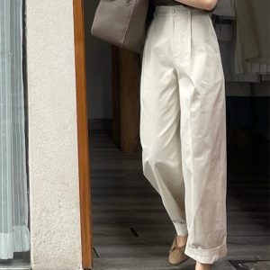 Off-White High-Waisted Japanese-Style Casual Pants for Women - Summer Loose Straight-Leg Wide-Leg Trousers with Drape