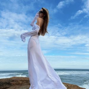 One-Shoulder Backless Long Sleeve Dress - Sheer Cover-Up for Summer Beach Vacation - Sexy European & American Style Maxi Dress