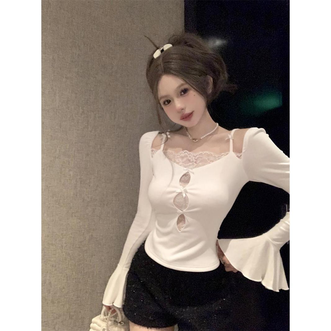 One-Shoulder Bell Sleeve Top with Lace Edge Splicing - Unique Two-Piece Look for Autumn and Winter Women's Fashion