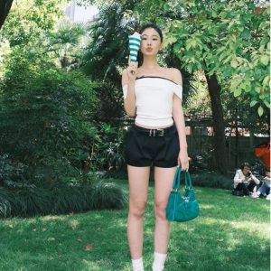 One-Shoulder Bow Tie Top for Women - 2025 Summer Trendy Knit Shirt for Hot Girls