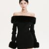 One-Shoulder Fur Long Sleeve Dress - Pure Desire Hot Girl Style - Autumn/Winter Niche Design for a Chic Look
