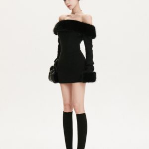 One-Shoulder Fur Long Sleeve Dress - Pure Desire Hot Girl Style - Autumn/Winter Niche Design for a Chic Look