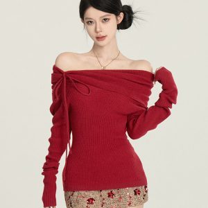 One-Shoulder Knitted Sweater for Women, Sexy Off-Shoulder Long Sleeve Top, Winter Lazy Style, Cozy Knit Fashion