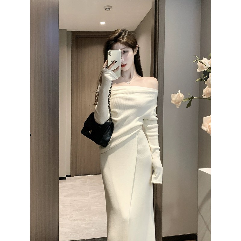 One-Shoulder Knitted Top and Skirt Set for Women - French Style Gentle Temperament, Off-Shoulder Long Sleeve, Autumn Winter Fashion