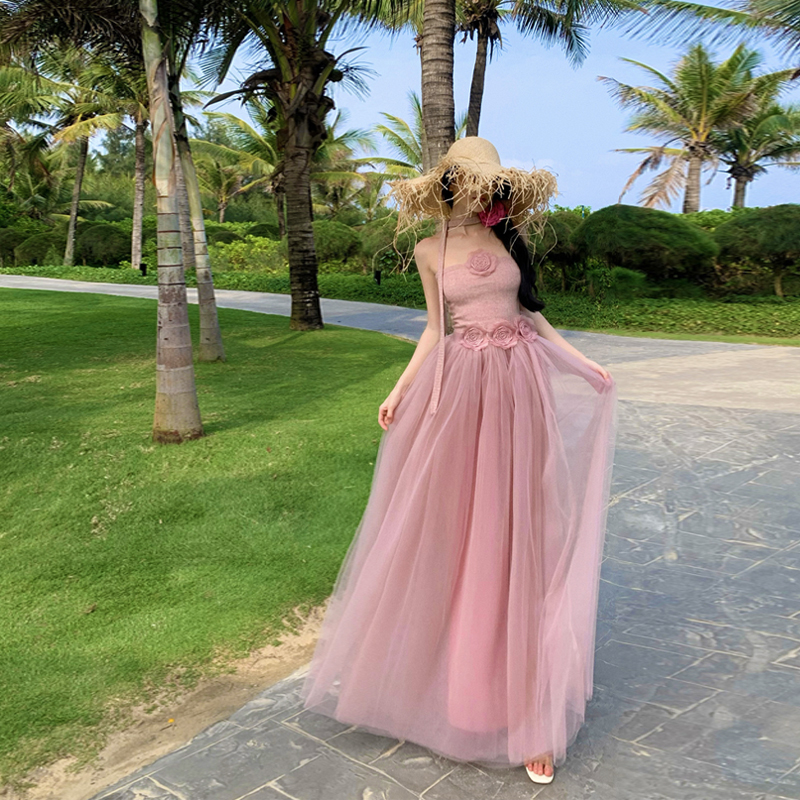 One-Shoulder Pink Tulle Dress with Unique Fairy Design - Stunning Beach Vacation Outfit for Summer 90s Style