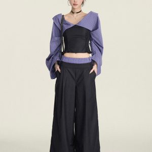 One-Shoulder Plaid Spliced Slim-Fit Top with Casual Long Pants - Spring Summer 90s College Style Fashion Set