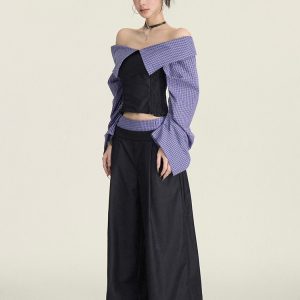 One-Shoulder Plaid Spliced Slim-Fit Top with Casual Long Pants - Spring Summer 90s College Style Fashion Set