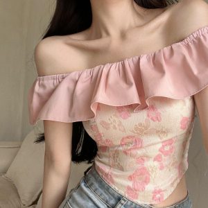 One-Shoulder Ruffle Top for Women, Sweet Spring Summer Top, Irregular Design, Chic French Style Tea Break Shirt