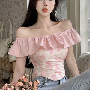 One-Shoulder Ruffle Top for Women, Sweet Spring Summer Top, Irregular Design, Chic French Style Tea Break Shirt