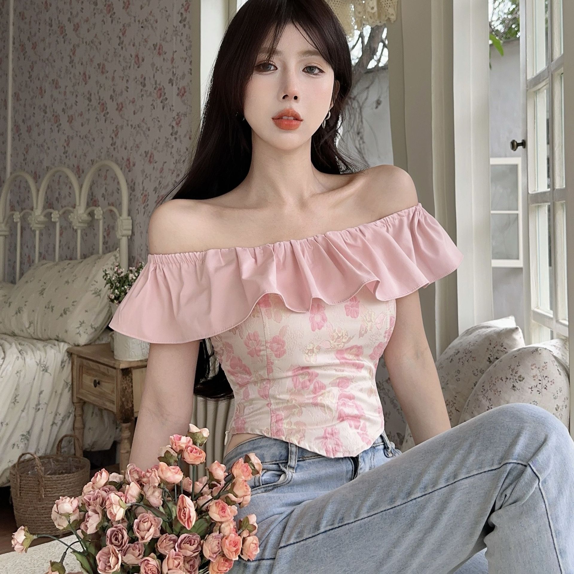 One-Shoulder Ruffle Top for Women, Sweet Spring Summer Top, Irregular Design, Chic French Style Tea Break Shirt