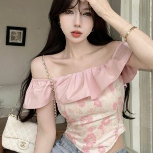 One-Shoulder Ruffle Top for Women, Sweet Spring Summer Top, Irregular Design, Chic French Style Tea Break Shirt
