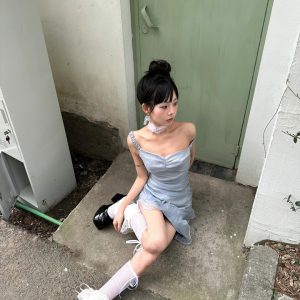 One-Shoulder Satin Mini Dress for Women, Ruffled Irregular Bodycon Summer Style, Thin Gauze, Chic Party Dress