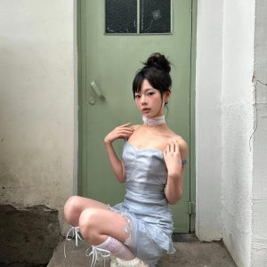 One-Shoulder Satin Mini Dress for Women, Ruffled Irregular Bodycon Summer Style, Thin Gauze, Chic Party Dress