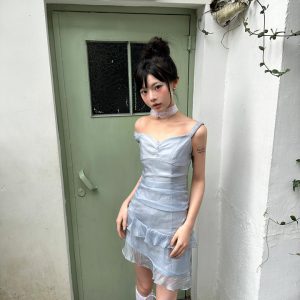 One-Shoulder Satin Mini Dress for Women, Ruffled Irregular Bodycon Summer Style, Thin Gauze, Chic Party Dress