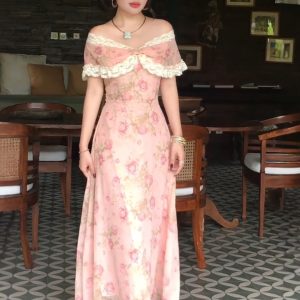 One-Shoulder Slimming Floral Dress in Retro Hong Kong Style - Unique Long Dress for 2025 Summer Fashion