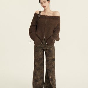 One-Shoulder Zipper Knitted Cardigan in Greek Aesthetics - Slimming Sweater Coat for Y2K and Korean Style Fashion