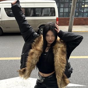 Oversized Flight Jacket with Raccoon Big Fur Collar - Thick Cotton Faux Fur Outerwear for Women - 2024 Autumn Winter Fashion